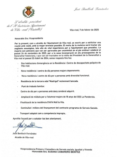 Carta de l'alcalde de Vila-real a la vicepresidenta i consellera de Serveis Socials