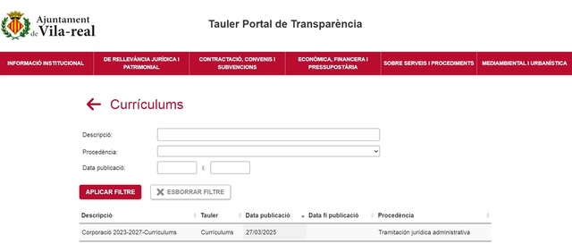 Captura de pantalla del apartado de curr�culums de la corporaci�n municipal.